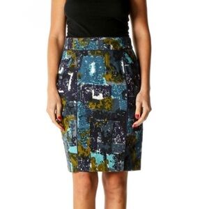 Anthropologie Tabitha Blue Green Watercolor Printed Brunch Cotton Pencil Skirt